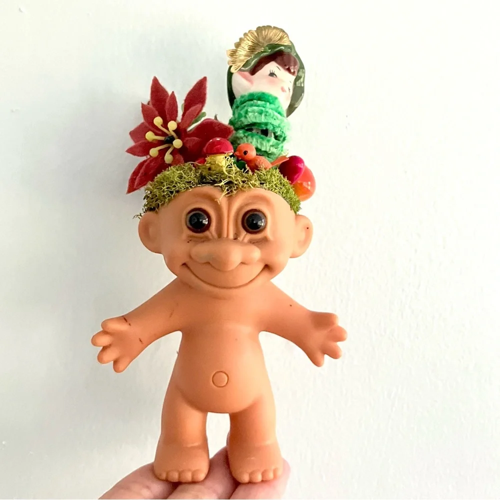 Vintage elf in a troll head handmade Christmas diorama vignette assemblage